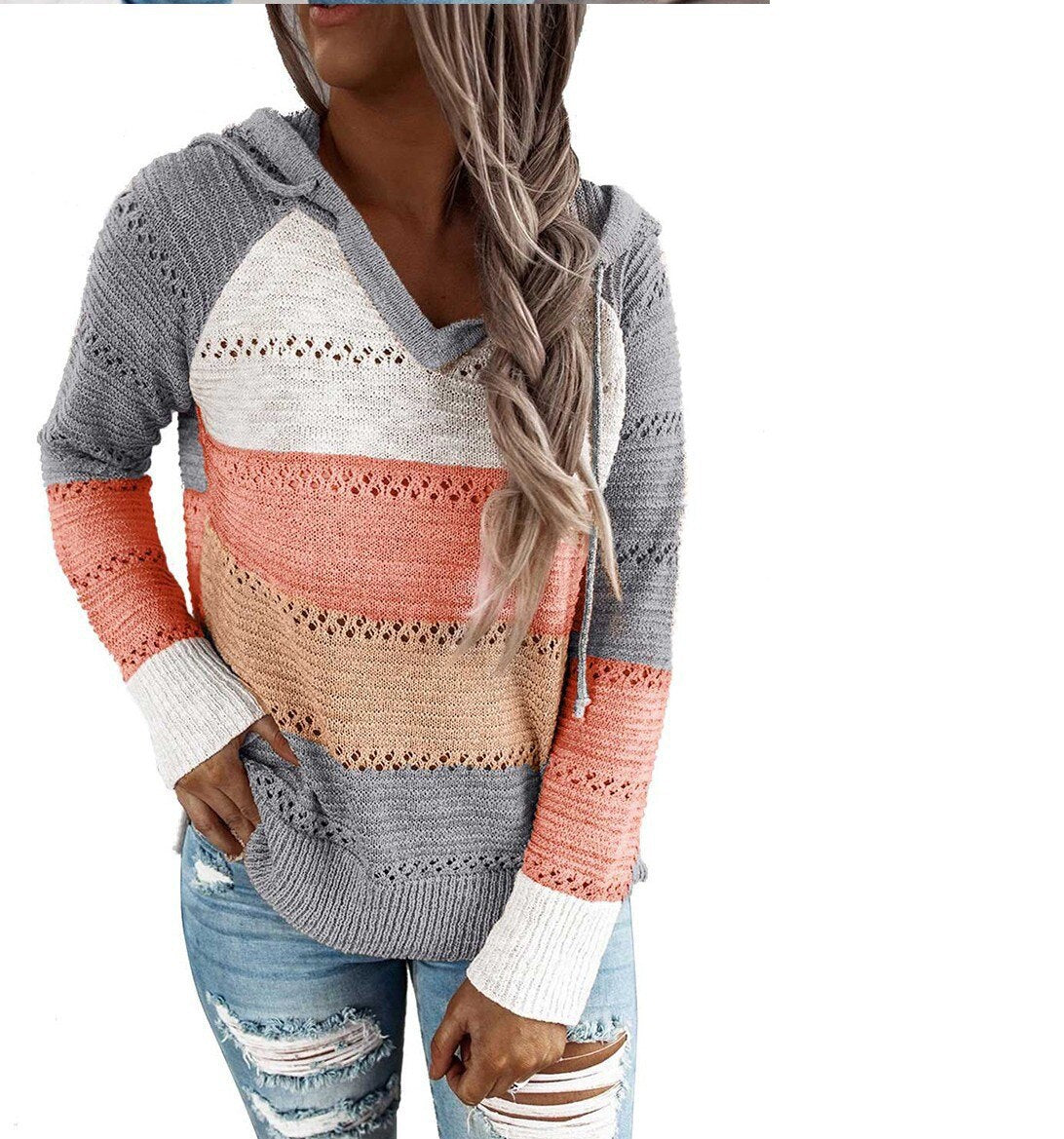 Womens V Neck Long Sleeve Hooded Top