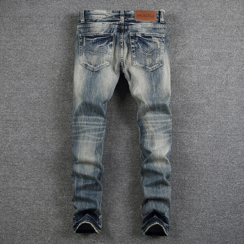 Mens Ripped Slim-Fit Stretch Jeans