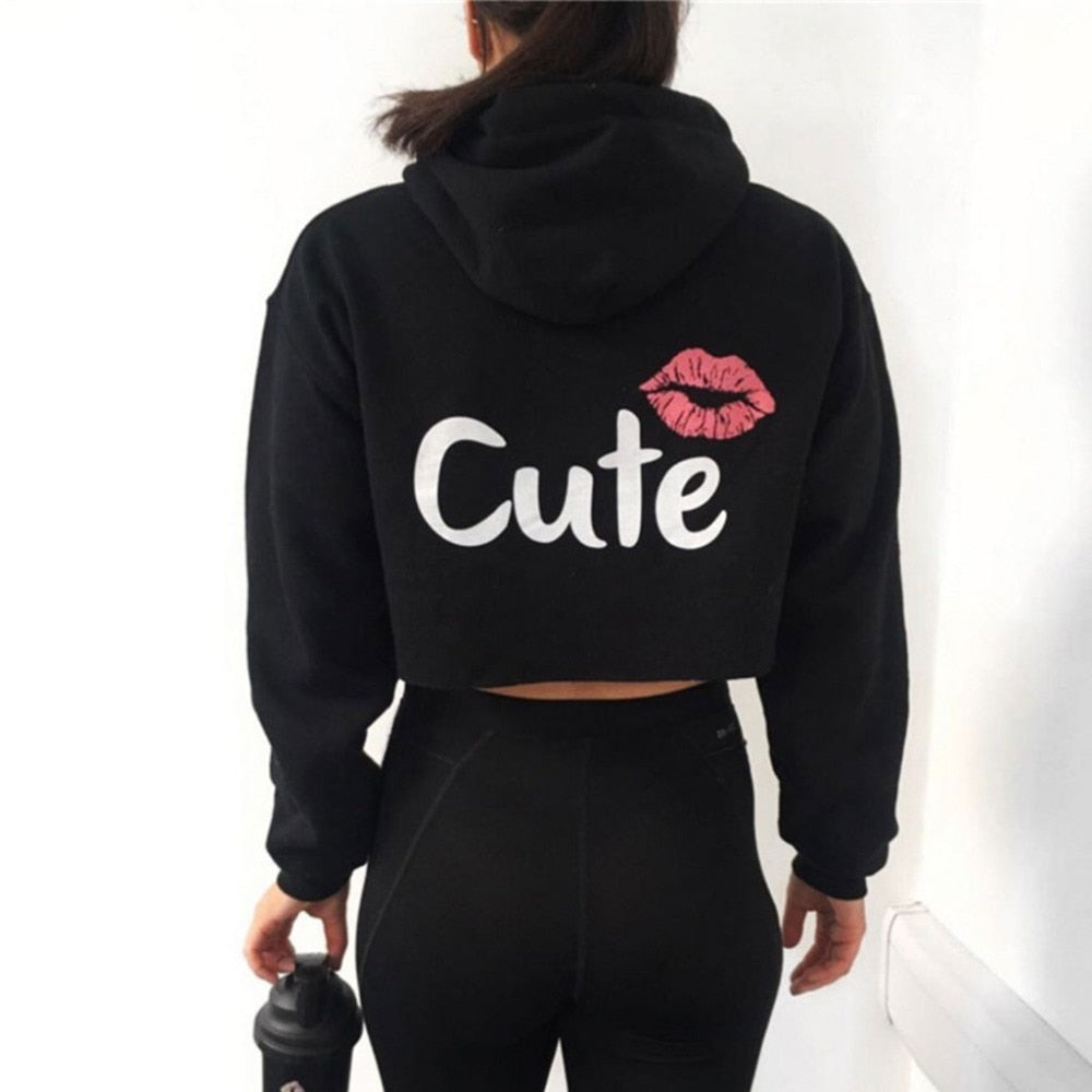 Womens Lips Print Hooded Crop Top