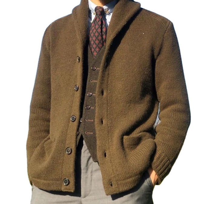 Mens Khaki Loose-Fit Knitted Cardigan