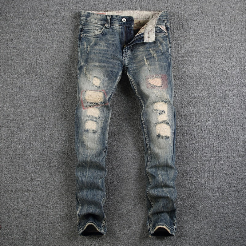 Mens Ripped Slim-Fit Stretch Jeans